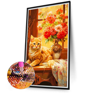 Orange Cat Next To Vase 40*70CM (canvas) Full Round Drill Diamond Painting