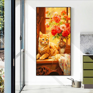 Orange Cat Next To Vase 40*70CM (canvas) Full Round Drill Diamond Painting