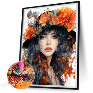 Girl Wearing Flower Hat 40*50CM (canvas) Full Round Drill Diamond Painting