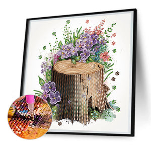 The Tenacious Blooming Flowers In The Wooden Pile 30*30CM (canvas) Partial Special-Shaped Drill Diamond Painting