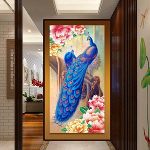 Blue Peacock 30x55cm(canvas) partial round drill diamond painting
