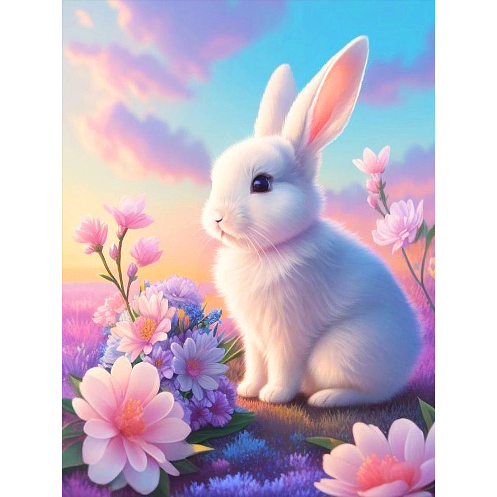 Flower And White Rabbit 30*40CM (canvas) Full Round Drill Diamond Painting