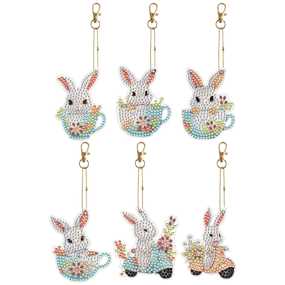 6PCS Double Sided Special Shape Diamond Painting Keychain (Cute Bunny)