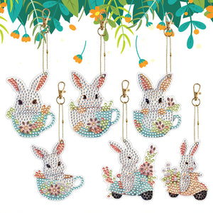 6PCS Double Sided Special Shape Diamond Painting Keychain (Cute Bunny)