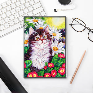 50 Pages A5 Special Shaped Diamond Painting Diary Book for Teen(Flower Bush Cat)