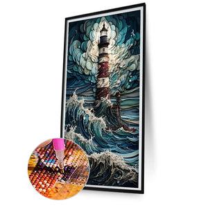 Lighthouse In Storm 40*80CM (canvas) Full Round Drill Diamond Painting