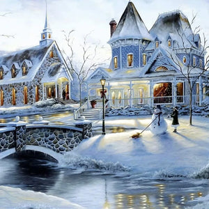 Winter Snowman Castle 40*40CM (canvas) Full Round Drill Diamond Painting