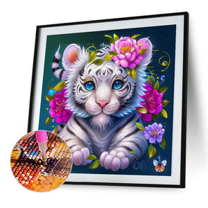 Flower And Little White Tiger 40*40CM (canvas) Full Round AB Drill Diamond Painting