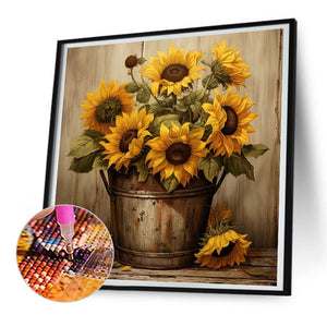 Iron Bucket Sunflower 30*30CM (canvas) Full Round Drill Diamond Painting