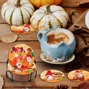 8 PCS Acrylic Diamond Painting Coasters Kits with Holder (Pumpkin Gnome)