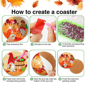 8 PCS Acrylic Diamond Painting Coasters Kits with Holder (Pumpkin Gnome)