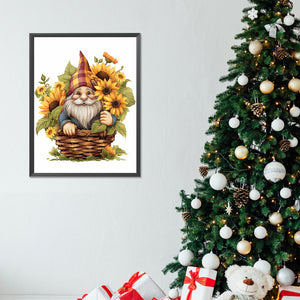 Gnome In Sunflower Basket 30*40CM (canvas) Full Round Drill Diamond Painting