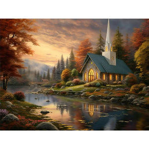 Village Church 40*30CM (canvas) Full Round Drill Diamond Painting