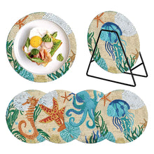 Load image into Gallery viewer, 4 PCS Wooden Diamond Painted Placemat Round Placemat with Holder(Marine Life #1)
