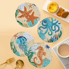 Load image into Gallery viewer, 4 PCS Wooden Diamond Painted Placemat Round Placemat with Holder(Marine Life #1)
