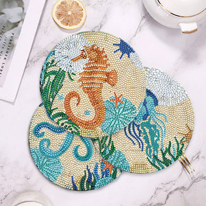 4 PCS Wooden Diamond Painted Placemat Round Placemat with Holder(Marine Life #1)