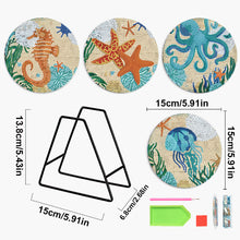 Load image into Gallery viewer, 4 PCS Wooden Diamond Painted Placemat Round Placemat with Holder(Marine Life #1)
