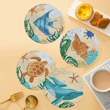 Load image into Gallery viewer, 4 PCS Wooden Diamond Painted Placemat Round Placemat with Holder(Marine Life #2)
