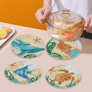 4 PCS Wooden Diamond Painted Placemat Round Placemat with Holder(Marine Life #2)