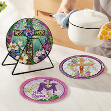 Load image into Gallery viewer, 4 PCS Wooden Diamond Painted Placemats Round Placemat with Holder (Cross)
