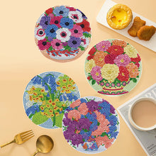 Load image into Gallery viewer, 4 PCS Wooden Diamond Painted Placemats Round Placemat with Holder (Bouquet)
