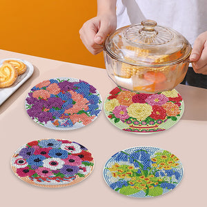 4 PCS Wooden Diamond Painted Placemats Round Placemat with Holder (Bouquet)