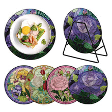 Load image into Gallery viewer, 4PCS Wooden Diamond Painted Placemat Round Placemat with Holder(Rose Bouquet #7)
