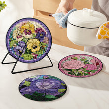 Load image into Gallery viewer, 4PCS Wooden Diamond Painted Placemat Round Placemat with Holder(Rose Bouquet #7)
