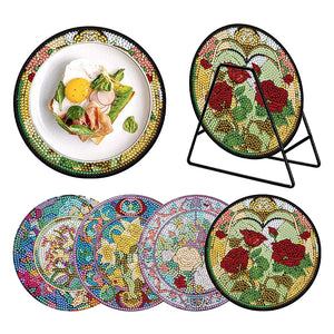 4PCS Wooden Diamond Painted Placemat Round Placemat with Holder(Rose Bouquet #8)