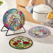 Load image into Gallery viewer, 4PCS Wooden Diamond Painted Placemat Round Placemat with Holder(Rose Bouquet #8)
