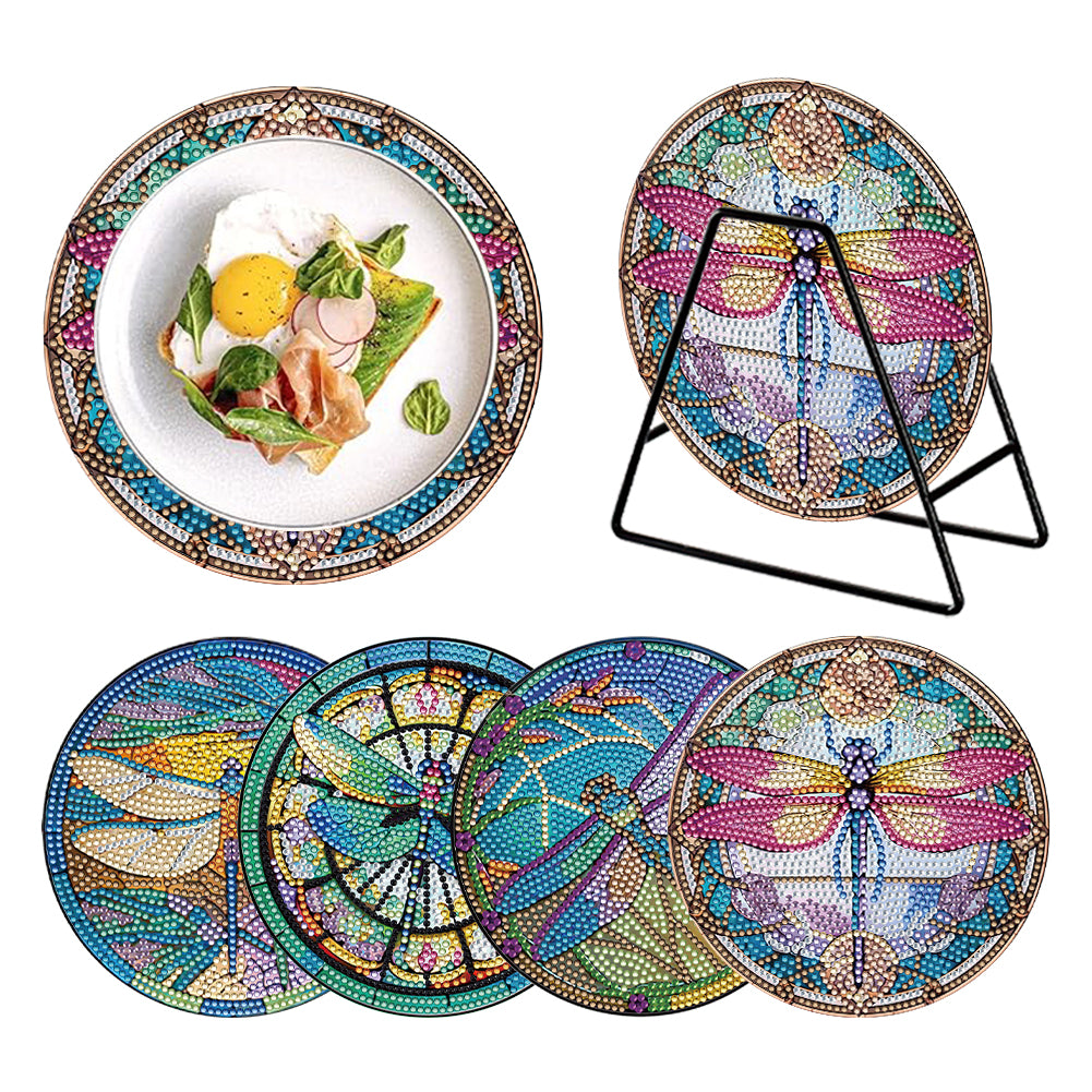 4 PCS Wooden Diamond Painted Placemats Round Placemat with Holder (Dragonfly)