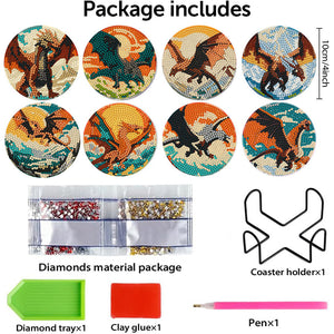 8 PCS Wooden Diamond Painting Coasters Kits with Holder for Adult Kid (Dragon)