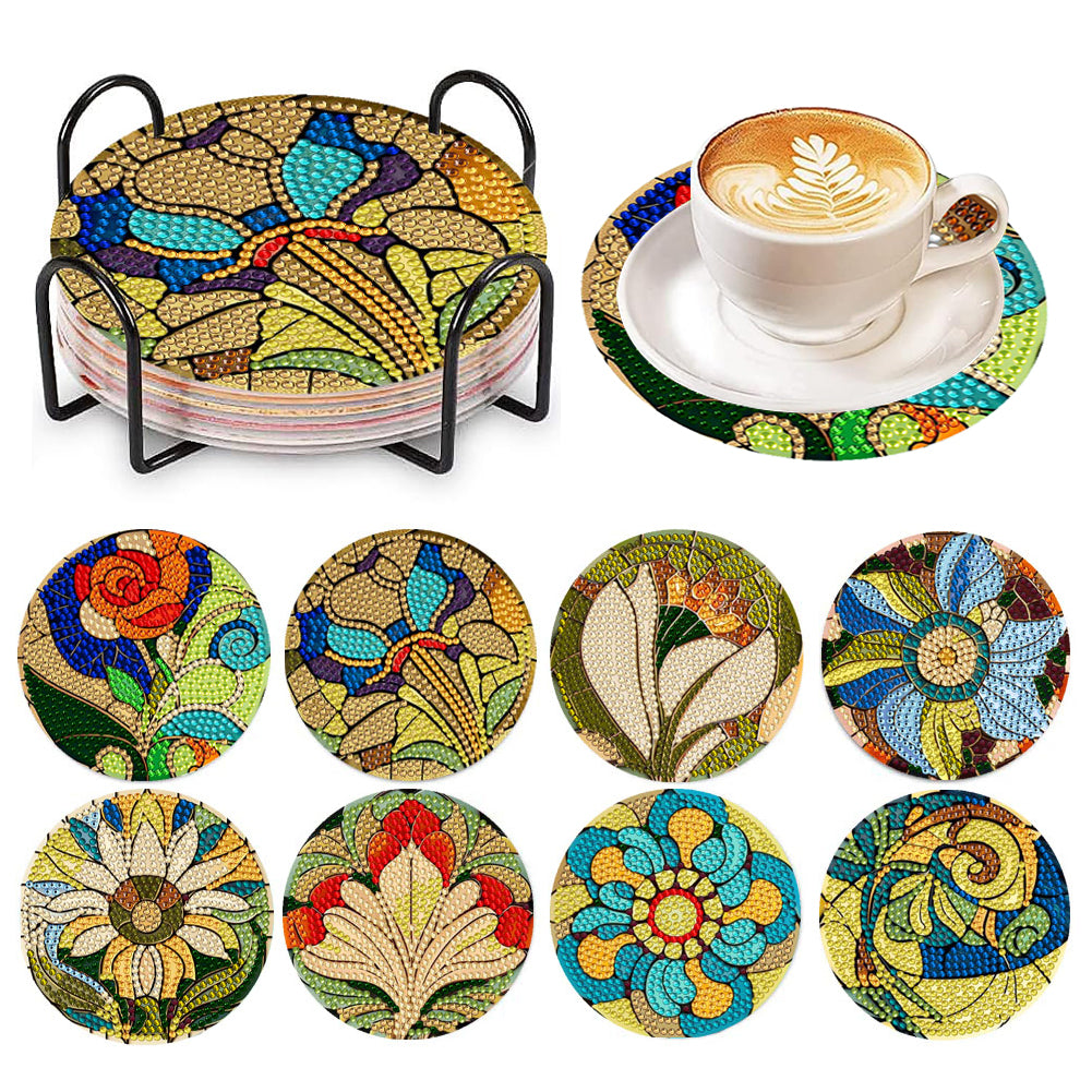 8 PCS Wooden Diamond Painting Coasters Kits with Holder for Adult Kid (Flower)