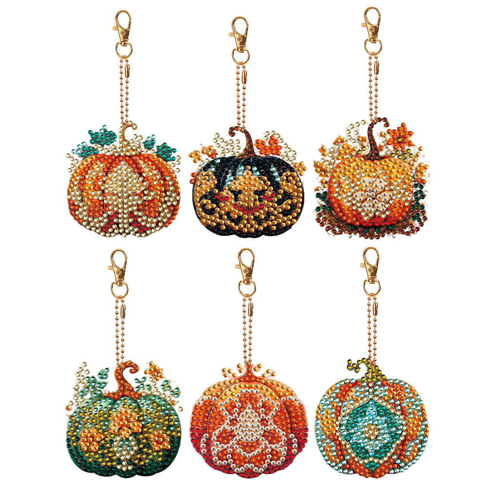 6 PCS Double Sided Diamond Painting Art Keychain Full Drill Keyring (Pumpkin)