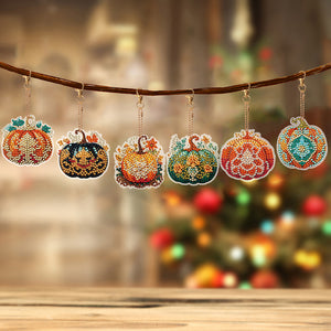 6 PCS Double Sided Diamond Painting Art Keychain Full Drill Keyring (Pumpkin)