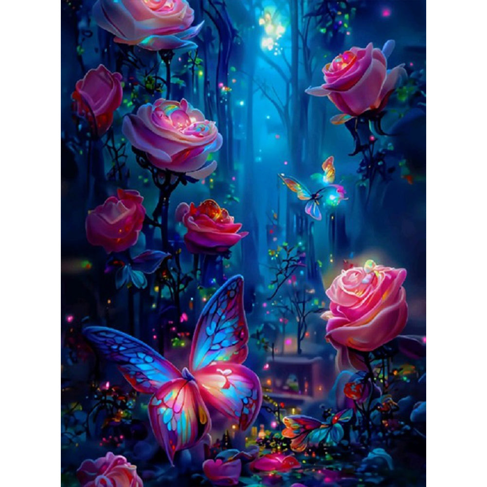 Luminous Rose Forest With Butterflies 35*45CM (canvas) Full Round Drill Diamond Painting