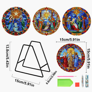 4 PCS Wooden Diamond Painted Placemats Round Placemat with Holder (Jesus Faith)