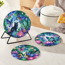 Load image into Gallery viewer, 4 PCS Wooden Diamond Painted Placemats Round Placemat with Holder (Garden Cat)
