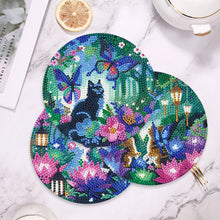 Load image into Gallery viewer, 4 PCS Wooden Diamond Painted Placemats Round Placemat with Holder (Garden Cat)
