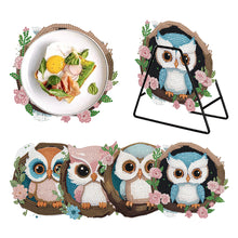 Load image into Gallery viewer, 4 PCS Wooden Diamond Painted Placemats Round Placemat with Holder (Owl)
