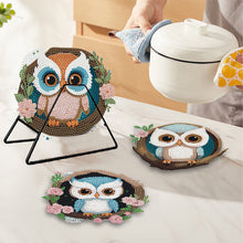 Load image into Gallery viewer, 4 PCS Wooden Diamond Painted Placemats Round Placemat with Holder (Owl)
