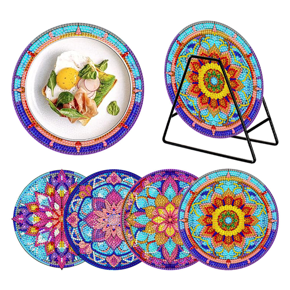 4 PCS Wooden Diamond Painted Placemats Round Placemat with Holder (Mandala)