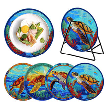 Load image into Gallery viewer, 4 PCS Wooden Diamond Painted Placemats Round Placemat with Holder (Sea Turtle)
