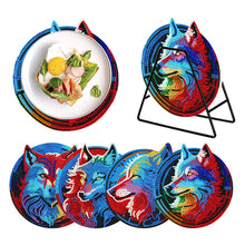 Load image into Gallery viewer, 4 PCS Wooden Diamond Painted Placemats Round Placemat with Holder (Wolf)
