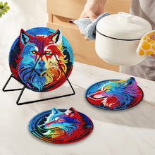 Load image into Gallery viewer, 4 PCS Wooden Diamond Painted Placemats Round Placemat with Holder (Wolf)
