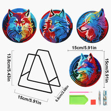 Load image into Gallery viewer, 4 PCS Wooden Diamond Painted Placemats Round Placemat with Holder (Wolf)
