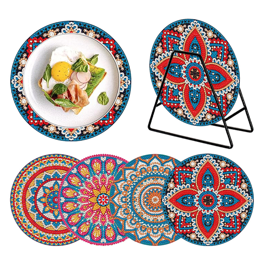 4 PCS Acrylic Mandala Diamond Painted Placemats Round Placemat with Holder