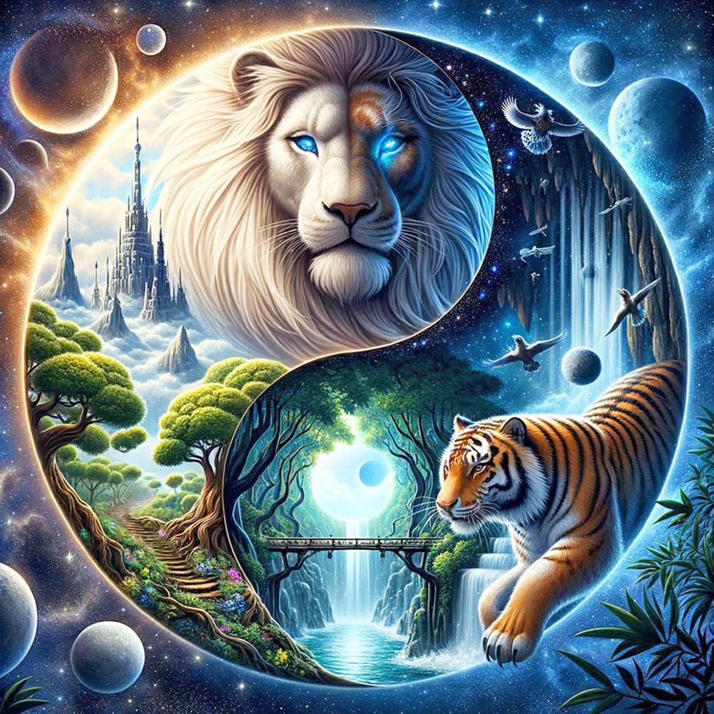 Yin Yang Diagram White Lion And Tiger 40*40CM (canvas) Full Round Drill Diamond Painting