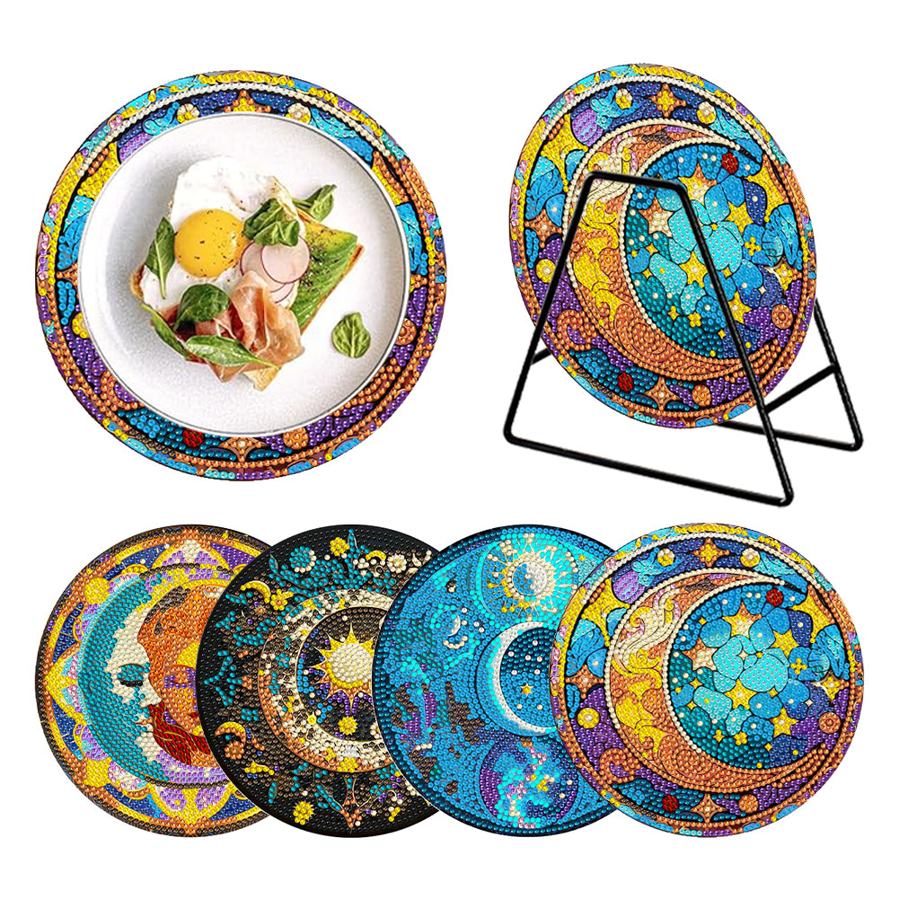 4Pcs Acrylic Diamond Painted Placemats Tableware Mat with Holder(Moon and Stars)