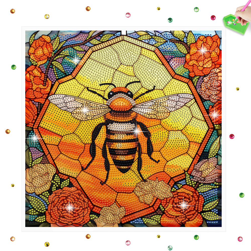 Diamond Painting Sticker Gem Sticker for Kid Gift 30x30cm (Stain Glass Bee Rose)
